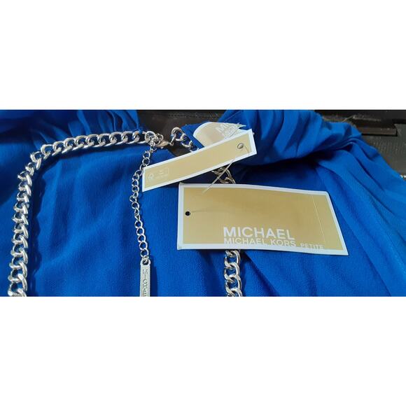 NWT - MICHAEL KORS Blue Pleated Lined Chain Detail Sleeveless Halter Top Sz: P/L - Picture 6 of 6